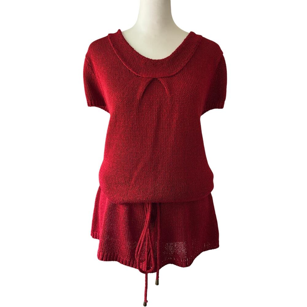 Midnight Velvet Red Knit Scoop Neck Adjustable Tie Waist Short Sleeve Sweater